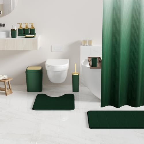 Bathroom Set - 26PC Bathroom Sets with Shower Curtain and Rugs, Bathroom Accessory Set, Green Bathroom Set, Elegant Bathroom Accessories Set, Shower Curtain Set, Trash Can & Soap Dispensers - color: Dark Green & Gold, size: Bath Set+Shower Curtain+Bath Ru