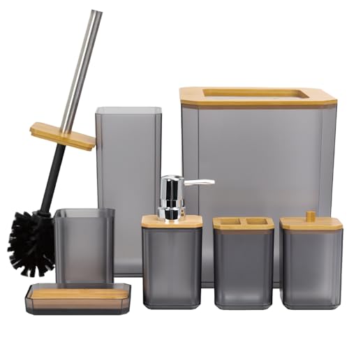 CERBIOR Bathroom Accessories Set 7 Piece Bath Ensemble Includes Soap Dispenser, Toothbrush Holder, Toothbrush Cup, Soap Dish for Decorative Countertop and Housewarming Gift (Gray) - style: Matte Black