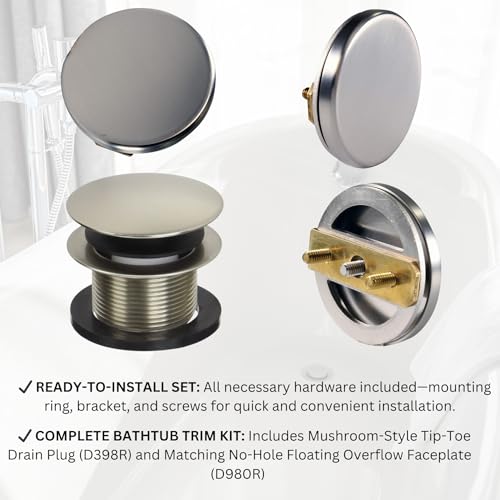 Westbrass A398RK-07 1-1/2" NPSM Coarse Thread Mushroom Tip-Toe Bathtub Drain Stopper with Illusionary Overflow Faceplate, Satin Nickel - color: Satin Nickel