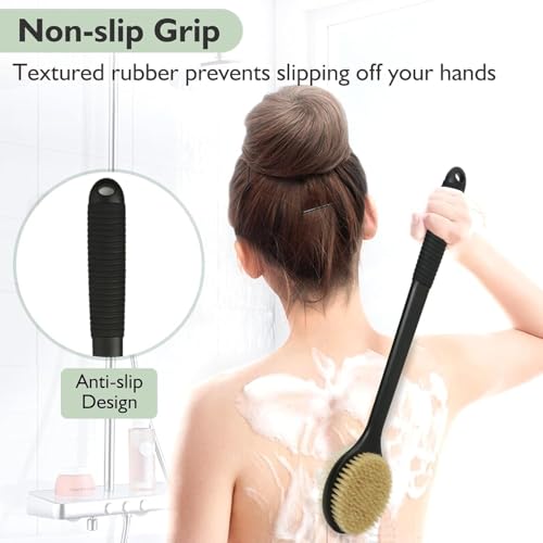 Back Scrubber for Shower, Anti-Slip Long Handle Shower Brush with Soft & Stiff Bristles, Body Exfoliator for Shower, Bath, or Dry Use (Black) - size: 17 in - Black