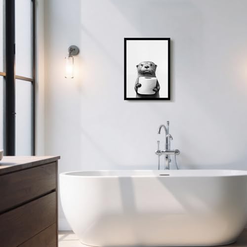 Urmoya Otter Holding Toilet Baper Funny Bathroom Decor Wall Art 12x16 in | Wood frame, Black and white bathroom decor, Otter with toilet roll print, Canvas print, Ready to hang - color: Otter, size: 16"L x 12"W