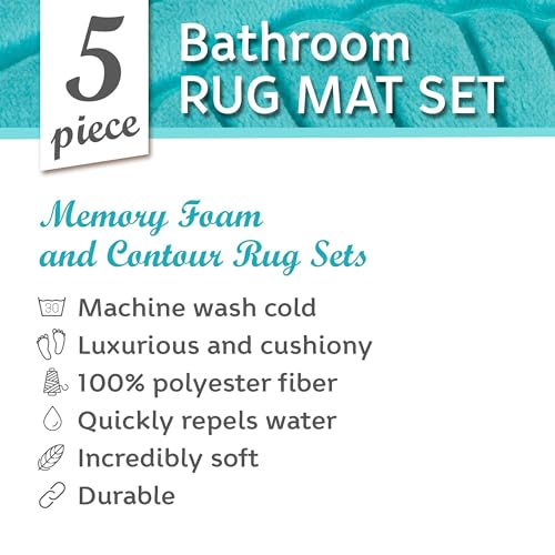Bathroom Rug Set 5 Piece - Memory Foam Bathroom Mat Set, Soft and Comfortable, Non-Slip Thick Absorbent Bath Mats, Machine Washable, Teal - color: Teal