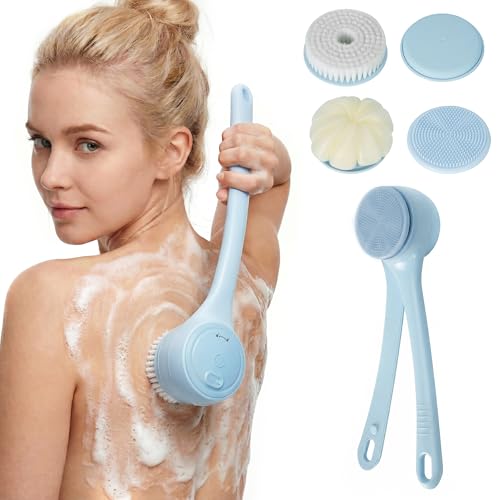 Electric Body Brush Back Scrubber for Shower，5 Replaceable Heads and Hook,Waterproof Long Dual Handle Power Body Scrubber 2 Speeds, for Cleansing Body, Exfoliating and Massaging Skin. - color: Sky Blue