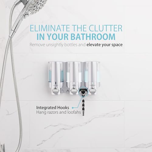 Better Living Aviva Shower Dispenser 3 Chamber,Wall Mount Shower Soap Dispenser for Bathroom Hotel Body Wash,Built-in Hooks,No Drill,Waterproof Shampoo Soap-Dispenser,3 x11 oz,Satin Silver,(Pack of 6) - color: Satin Silver, size: 3-Chamber (Pack of 6)