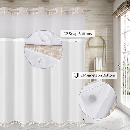MitoVilla No Hooks Needed Farmhouse Shower Curtain with Snap-in Liner - with Window & Magnets, Boho Cotton Linen Fabric Shower Curtains with Tassels for Rustic Bathroom Decor, Beige/Cream, 72 x 74 - color: Cream - Win