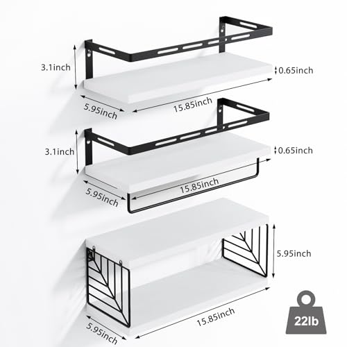 Fixwal Wall Mounted Bathroom Shelves Over Toilet, Rustic Wood Floating Shelves with Metal Frame and Towel Bar for Bathroom, Kitchen, Bedroom, Living Room (3 Plus 1 White) - color: 4-white