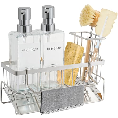 GMISUN Kitchen Soap Dispenser, 12 Fl oz/350ml Clear Dish Soap Dispenser with Silver Sponge Holder, Customized Glass Dish Soap Dispensers for Kitchen, Modern Hand and Dish Soap Dispensers Set Removable - color: Clear Bottle + Silver Rack