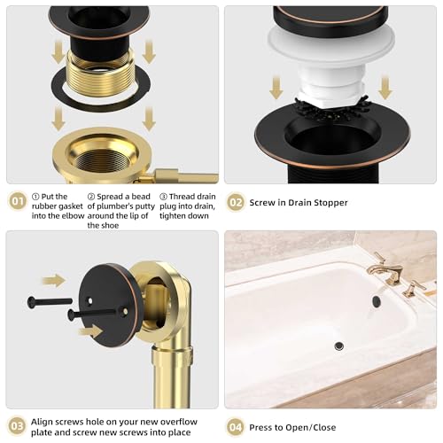 Oil Rubbed Bronze Tub Drain Kit with Hair Catcher, Premium Brass Tip-Toe Bathroom Tub Drain Replacement and 2-Hole Overflow Faceplate, 11.5/16 UNC Bathtub Drain Stopper Assembly - color: Oil Rubbed Bronze