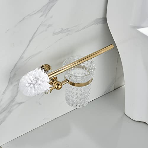 WOLIBEER Crystal Toilet Brush Holder, Polished Gold Brush Handle with Replaceable Brush Head, Stainless Steel Bathroom Cleaning Set Wall Mounted - color: Gold
