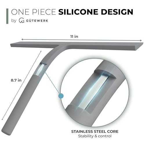 GÜTEWERK Silicone Shower Squeegee for Glass Doors & Mirrors with Stainless Steel Core, Streak-Free & No-Squeak Window Cleaning, 3-in-1 No-Drill Mount (Hook/Suction/Adhesive),Gray, 11 Inches - color: Gray, size: 11 Inches