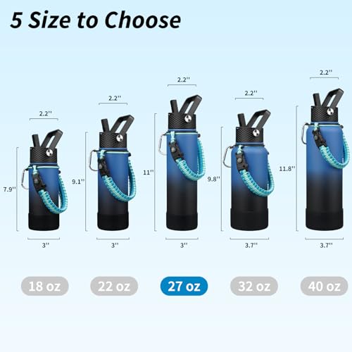 BJPKPK 27oz Insulated Water Bottles with 3 Lids, Paracord Handle & Non-slip Boot,Stainless Steel Water Bottle with Straw, BPA Free Leak Proof Thermal Flasks,Tumblers,Blue Black - color: Blue/Black, size: 27 Ounces
