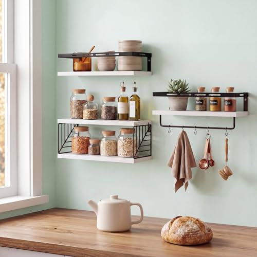 Fixwal Wall Mounted Bathroom Shelves Over Toilet, Rustic Wood Floating Shelves with Metal Frame and Towel Bar for Bathroom, Kitchen, Bedroom, Living Room (3 Plus 1 White) - color: 4-white