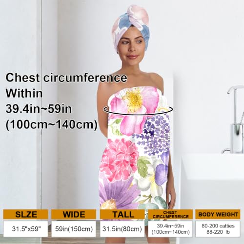 Women's Pink Floral Bath Wrap & Hair Towel Set - Soft Microfiber Spa Body Wrap with Snap Buttons, Absorbent Adjustable Shower Towel with Drying Turban for Gym, Sauna & Dorm (Floral 20) - color: Floral 20