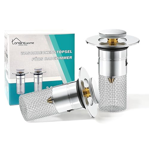 Bathroom Sink Drain Strainer, Pop-Up Sink Stopper Hair Catcher, Anti-Clog with Removable Stainless Steel Filter Basket, Universal for US Standard Drain Stopper Replacement (Silver, 2pcs)