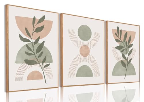 Bwodke Boho Wall Art, Framed Abstract Wall Art, Green Botanical Neutral Canvas Wall Decor, Large Mid Century Plant Pictures Set of 3, Modern Minimalist Paintings, for Bedroom Living Room Bathroom - color: Boho Green, size: 12"x16"Natural