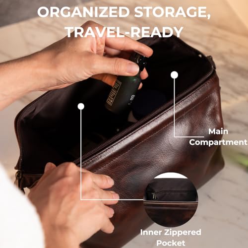 NomadCraftsCo. Premium Leather Travel Toiletry Bag for Men and Women, King-Size Dopp Kit with Waterproof Lining, Mens Toiletry Travel Bag - color: Brown