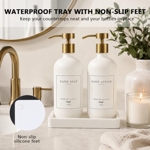 Soap Dispenser Bathroom - Kitchen Dish and Hand Soap Dispenser Set, Glass Bathroom Soap Lotion Dispenser with Pump, Tray, 14 Waterproof Labels, Set of 2 White Bottle/Gold Pump-pd - color: White Bottle/Gold Pump + Tray