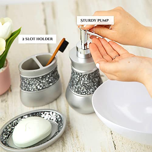 Creative Scents 4 Pc. Resin Bathroom Accessory Set | Silver Crackled Glass | Includes Soap Dispenser, Toothbrush Holder, Tumbler Cup and Soap Dish - style: 4 Pc Set