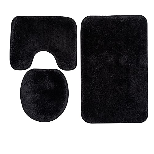 Soft Bathroom Carpet 3 Piece Bathroom Rugs and Mats Set Bath Mats Set with U-Shaped Toilet Floor Mat Rugs andToilet Lid Cover Mat (Black) - color: Black