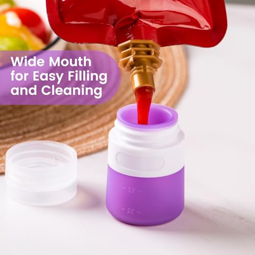 MICEBAY Condiment Squeeze Bottles for Sauces, 1-oz Mini Silicone Salad Dressing Container to Go with Snack Storage Bag, Leakproof Sauce Bottles for Lunch Box, 4 Pack, Purple - color: Purple, size: 1 OZ