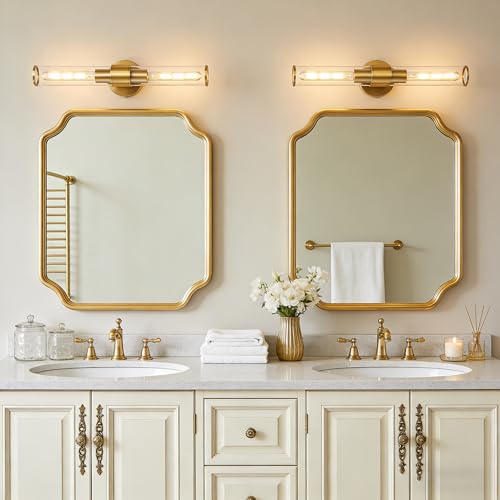 Gold Wall Sconce 2 Pack Hardwired, Bathroom Light Fixtures Clear Glass Featuring Two E26 sockets, Vanity Lights Fixtures for Bathroom, Dimmable - Bulb Not Included, UL Certification - color: Gold Clear Glass-2Pack