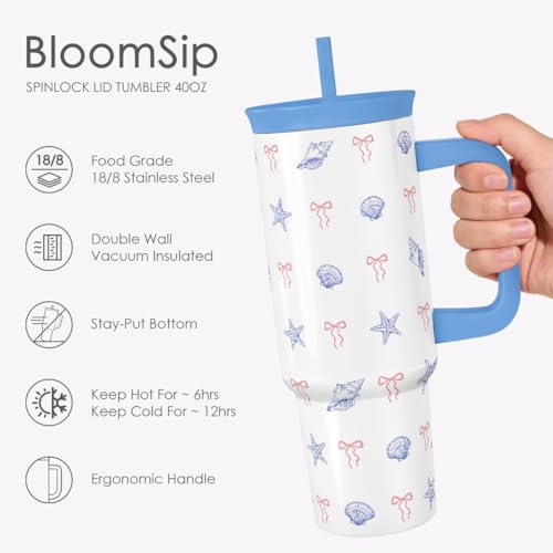 SANDJEST Beach Lover Stainless Steel Locking Lid Silicone Straw Tumbler with Handle 40oz, Insulated Stainless Steel Travel Cup for Women Girls Friends, Gift Idea for Birthday Vacation (Bow Seashell) - color: Beach Lover 1