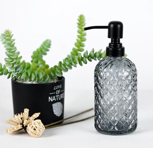 12Oz Glass Soap Dispenser with 304 Black Rustproof Stainless-Steel Pump, Refillable Glass Soap Dispenser for Kitchen, Bathroom, Farmhouse (Grey) - color: Gray