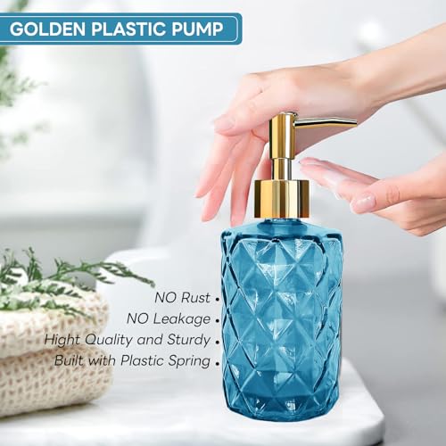 Blue Glass Soap Dispenser, Bathroom Shower & Shampoo Dispenser, Foam Hand Soap Dispenser with Gold Pump,11Oz/330ml Refillable Kitchen Dish Soap Bottle for Home Hotel - color: Blue&gold