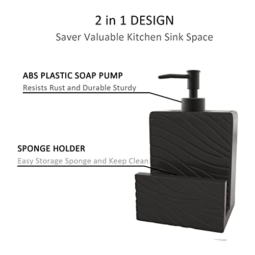 Ceramic Soap Dispenser With Sponge Holder for Kitchen Sink, 2 in 1 Liquid Hand Soap Container With Funnel for Countertop, Bathroom, Matte Black - style: Wavy Pattern Design-Matte Black