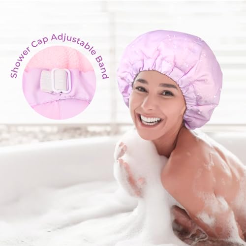 Shower Cap for Women Terry Lined Bath Cap Large Reusable Waterproof Elastic Band Pink Shower Caps for Long Thick Hair Soft Bath Shower Hair Caps - color: PURPLE