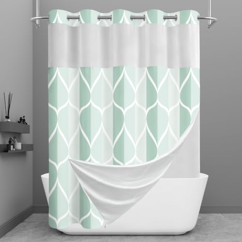 Yiatn Light Green No Hook Hotel Collection Shower Curtain - Hotel Style with See Through Mesh Top Window, Modern Geometric Waterdrop Design,Waterproof and Washable,- 71x74 INCH - color: Light Green, size: 71"W x 74"L (Pack of 1)