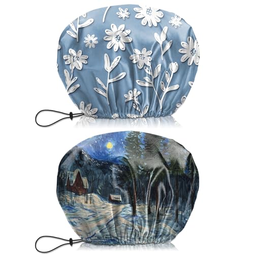2 PCS Shower Cap Waterproof Double Layer Elastic Adjustable Reusable Hair Bath Caps for Girls Women Cute Aesthetic-Blue White - color: G18-Blue White