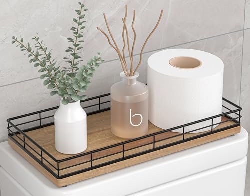 Toilet Paper Basket Organizer, Acacia Wood Toilet Tank Tray, Metal Frame | Bathroom Counter Top Storage for Toilet Paper, Wipes & Decor, Modern Narrow Back of Tank Shelf Organizer, Black & Acacia - color: Black & Acacia, size: 13" x 6.5" x 2"