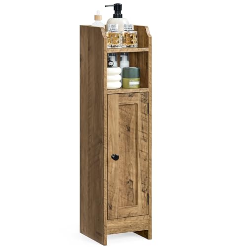 VASAGLE Small Storage Corner Floor Cabinet with Door, 7.9 x 7.1 x 31.5 Inches, Narrow Toilet Paper Storage Holder, Adjustable Shelves, for Bathroom, Living Room, Small Spaces, Honey Brown UBBK310K01 - color: Honey Brown, style: 1door+1open compartment (31