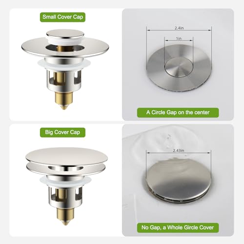 Universal Bathroom Sink Drain Stopper Strainer, Big Cover, Brushed Nickel | 2 in 1 Pop Up Sink Stopper for 1.1''~2.36'' Sink Basin Hole, Hair Catcher with Removable Stainless Steel Filter Basket - color: Brushed Nickel