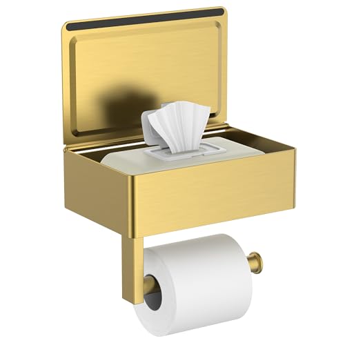 FORIOUS Toilet Paper Holder with Shelf, Sanitary Napkin Receptacle Tampon Holder, Wall Mount Toilet Paper Holder with Storage, Flushable Wipes Dispenser Fits for Bathroom Commercial(1, Brushed Gold) - color: Brushed Gold, size: 1 Pack-8" (L)