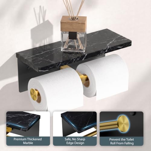 FORIOUS Double Toilet Paper Holder with Shelf, Wall Mount Tissue Roll Holder for Bathroom, 304 Stainless Steel Commercial Toilet Tissue Dispensers with Phone Shelf (1, Black & Gold-Marble) - color: Black & Gold-marble