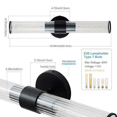 Bathroom Light Fixtures 2 Pack Hardwired, Black Wall Sconce Threaded Glass Vanity Light Featuring Two E26 sockets, Bathroom Wall Light Dimmable - Bulb Not Included, UL Certification - color: Black Threaded Glass-2Pack