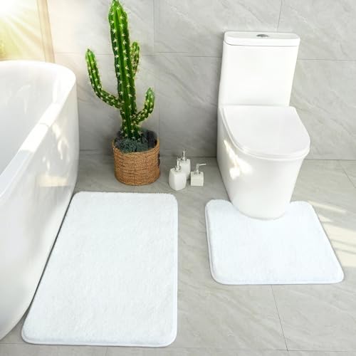 HOMORE White Bathroom Rug Set 2 Piece,Soft Absorbent Bath Mats Set,Machine Washable Bath Rug Sets for Bathroom Non Slip,(21"x34"+21"x21") Plush Shaggy U Shape Contour Toilet - color: White