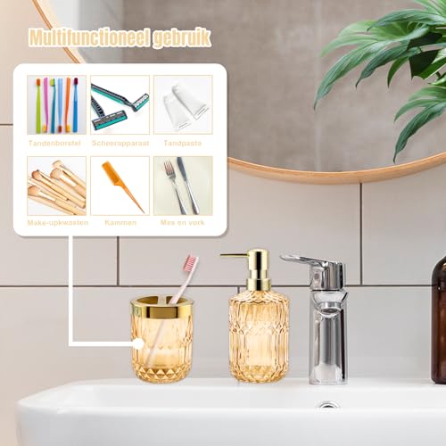 2Pcs Golden Bathroom Accessories Set, Glass Bathroom Accessories, Vintage Bathroom Countertop Decoration Includes Soap Dispenser, Toothbrush Holder - color: Golden, size: 2 Pcs