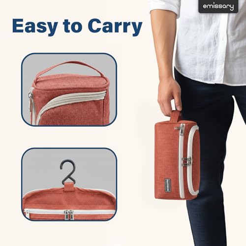 emissary Hanging Travel Toiletry Bag for Men, Dopp Kit - Red | Built-in hook, waterproof wipe-clean lining, clear & mesh pockets; men's travel toiletry organizer, folds flat - color: Red