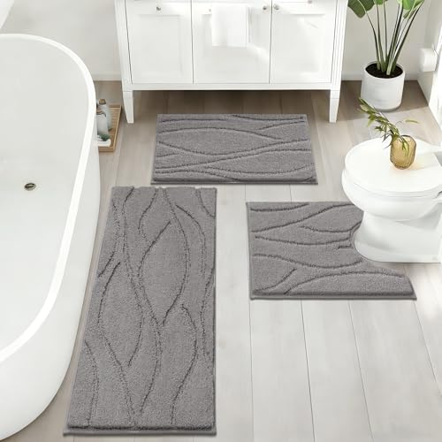Bsmathom Bathroom Rugs Sets 3 Piece, Soft Non Slip Microfiber Bath Mat and U-Shaped Contour Toilet Rug, Machine Washable Absorbent Shaggy Bathroom Set, Light Gray - color: Light Gray