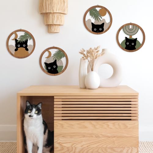 HPNIUB Boho Black Cat Wall Decor, Farmhouse Geometric Hanging Wooden Wall Art, 4 Pieces 10''x10'' Mid Century Bohemian Abstract Moon and Sun Wood Sign for Nursery Bedroom Decoration, Lovely Cat Gifts - color: Cat style B