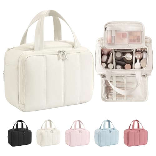 Travel Makeup Bag,Puffy Toiletry Bag for Women,Cosmetic Travel Bag Lightweight,Toiletries Organizer with Trolley Sleeve,White - color: White