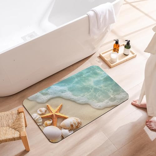 Bath Mats for Bathroom,Starfish Seashells Bathroom Rugs,Summer Ocean Beach Diatomaceous Bath Rug Quick Dry, Non Slip Super Absorbent Low Profile Doormat for Home Kitchen Patio 17 X 29.5 Inch - color: Starfish Seashells