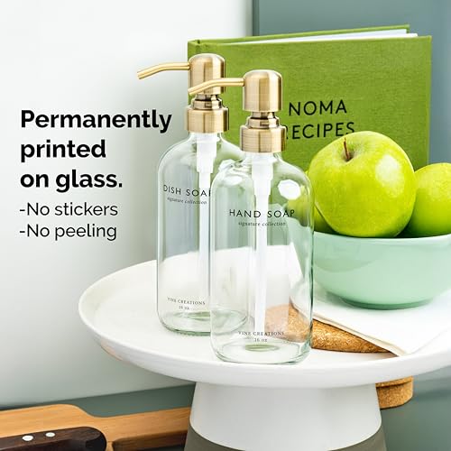 Vine Creations Clear Glass Soap Dispenser Set, Dish Soap and Hand Soap Dispenser Set with Stainless Steel Pump, 16 oz Glass Dispensers for Kitchen Bathroom Decor (Clear Bottle/Brushed Brass Pump) - color: Clear Bottle / Brushed Brass Pump