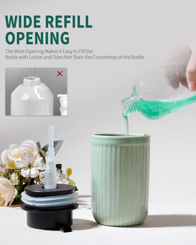 BosilunLife Dish Hand Soap Dispenser - Liquid Pump Soap Dispenser for Bathroom Deco Light Green 12oz Ceramic Kitchen Dish Dispenser with Rust-Proof Liquid Pump Modern Refillable Lotion Bottles - color: Light Green Lotion Pump