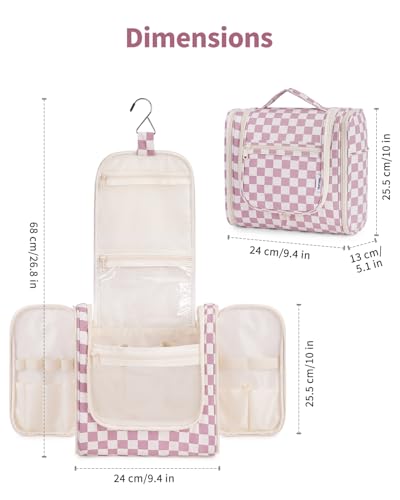 Narwey Checkered Hanging Travel Toiletry Bag for Women, Travel Bag for Toiletries, Makeup Bag Organizer Cosmetic Bags Make Up Bags for Women (Dusty Rose Checkerboard) - color: C-Dusty Rose Checkerboard, size: Large