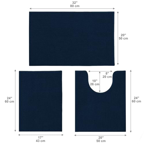 Urvoix Bathroom Rugs Sets 3 Piece, Chenille Bathroom Rug Non-Slip Bath Rug, Ultra Soft, Washable, Super Absorbent Bath Mats for Bathroom, Toilet and Tub (Dark Blue) - color: Dark Blue