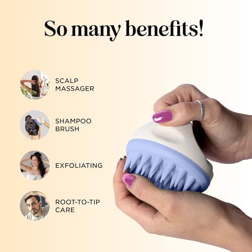 Hair Shampoo Brush and Scalp Exfoliator - Soft Silicone Scalp Massager Hair Growth Stimulator for Wet or Dry Hair - In Shower Scalp Scrubber for Dandruff Removal Made with Recycled Wheat Straw - Blue - color: Blue